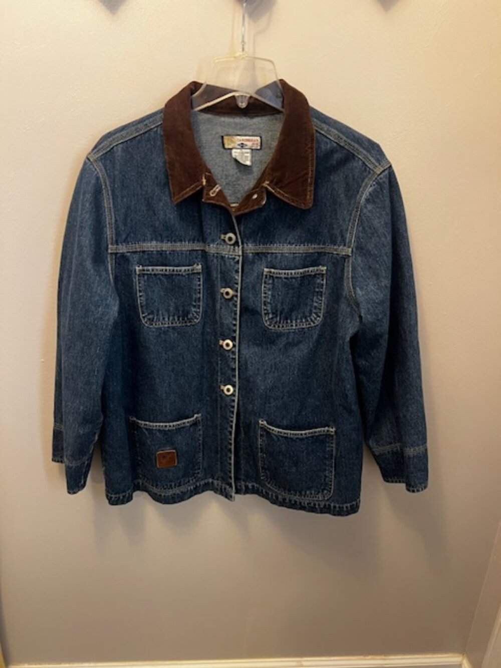 Women's Caribbean Joe Jean Jacket, Size PL, Blue w Brown Collar, Button, Ex Con!